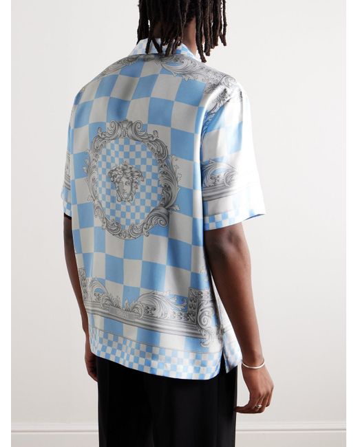 Versace Kariertes Hemd aus bedrucktem Seiden-Twill mit Reverskragen in Blue für Herren