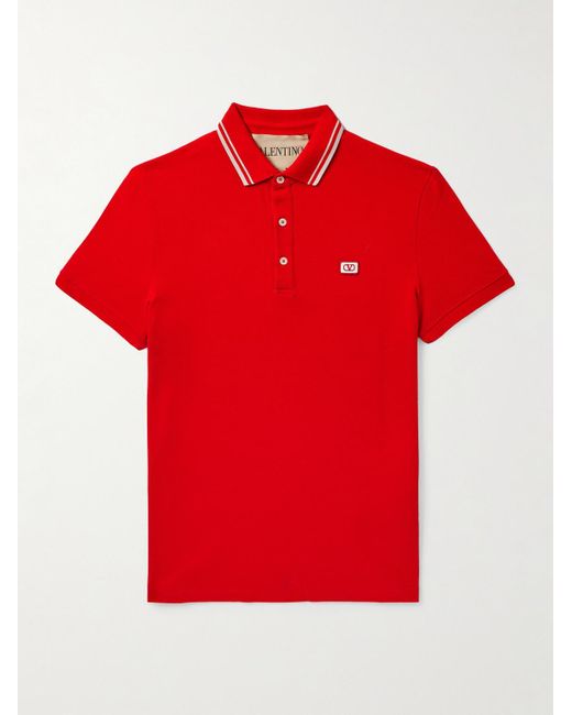 Valentino Garavani Red Logo-Appliquéd Striped Cotton-Piqué Polo Shirt for men