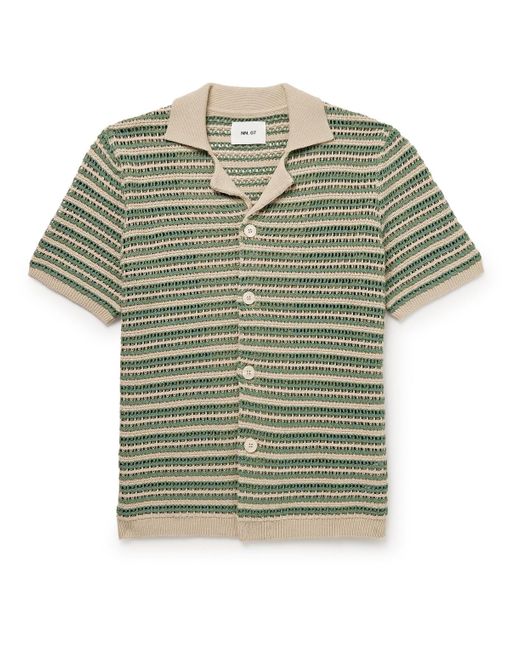 NN07 Green Henry 6636 Camp-collar Striped Crocheted Organic Cotton Shirt for men