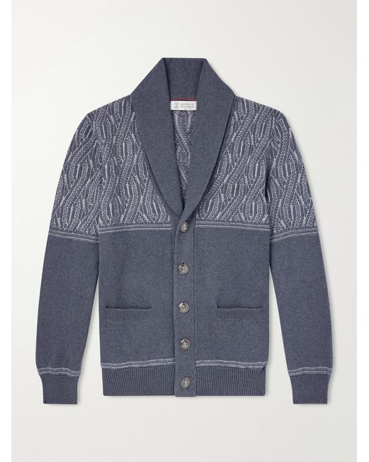 Brunello Cucinelli Blue Shawl-Collar Knitted Cotton Cardigan for men