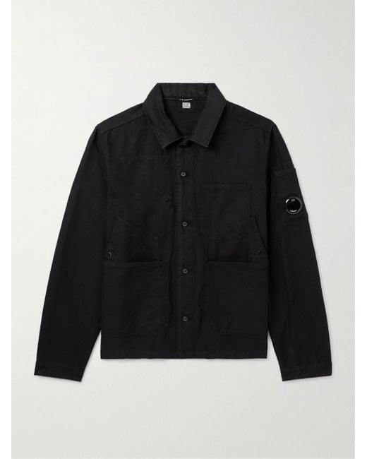 C P Company Black Logo-appliquéd Cotton And Linen-blend Overshirt for men