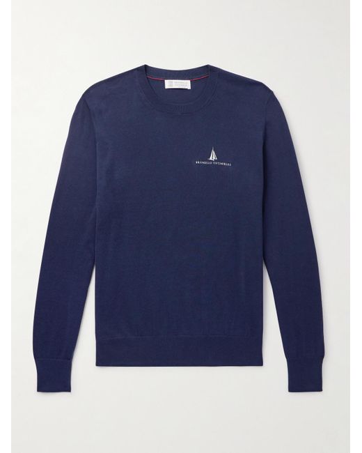 Brunello Cucinelli Blue Logo-Embroidered Cotton T-Shirt for men