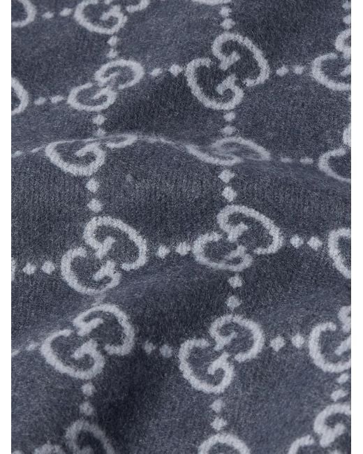 Gucci Blue Fringed Logo-Jacquard Cashmere Scarf for men