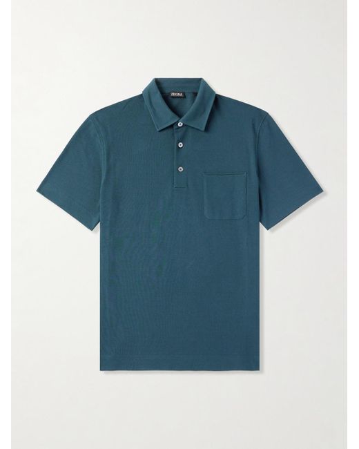 Zegna Blue Slim-Fit Leather-Trimmed Cotton-Piqué Polo Shirt for men