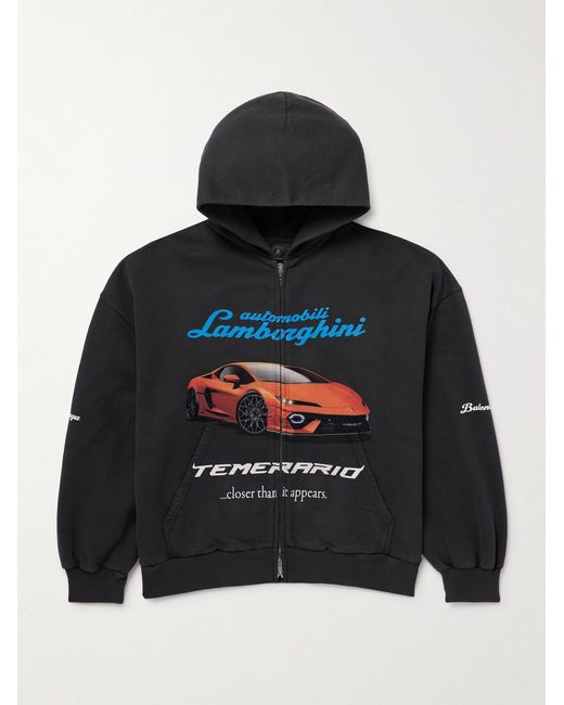 Balenciaga Black Lamborghini Printed Cotton-Jersey Zip-Up Hoodie for men