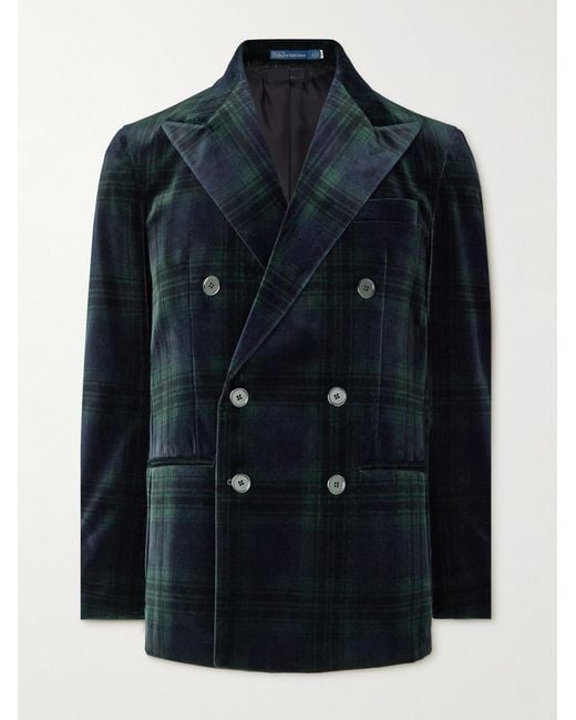 Polo Ralph Lauren Blue Double-Breasted Checked Cotton-Velvet Blazer for men