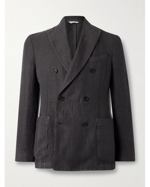 Boglioli Black Double-breasted Herringbone Linen Suit Jacket for men
