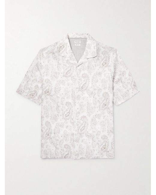 Brunello Cucinelli White Camp-collar Paisley-print Linen Shirt for men