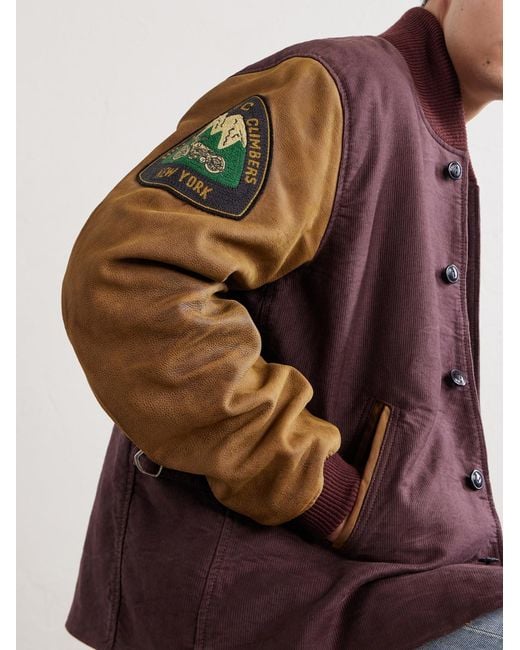 RRL Brown Logo-Embroidered Cotton-Corduroy And Leather Bomber Jacket for men