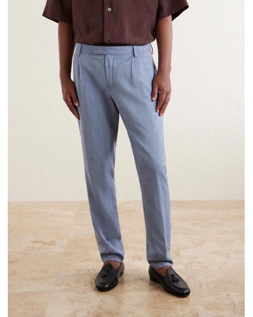 Mr P. Blue Straight-Leg Pleated Wool, Silk And Linen-Blend Suit Trousers for men
