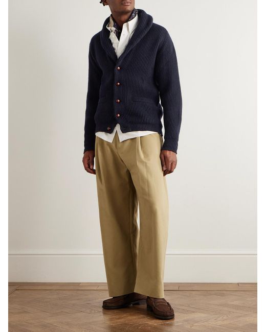 Drake's Blue Shawl-Collar Ribbed Wool Cardigan for men