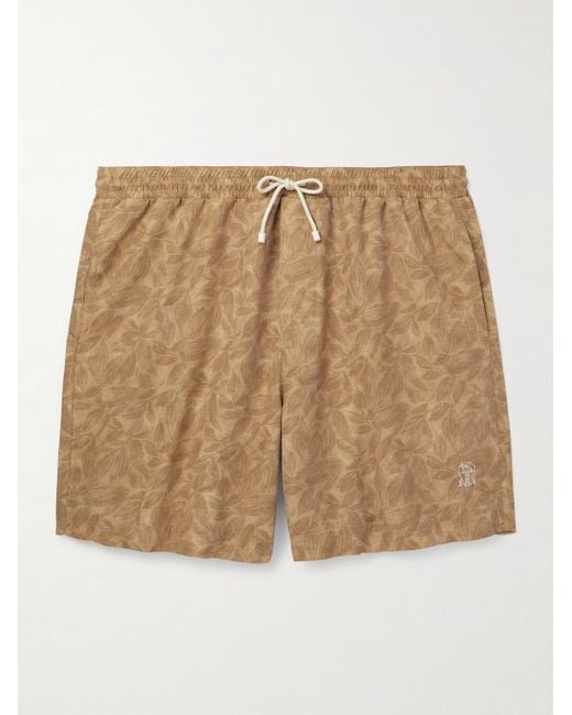 Brunello Cucinelli Natural Straight-leg Mid-length Logo-embroidered Printed Swim Shorts for men
