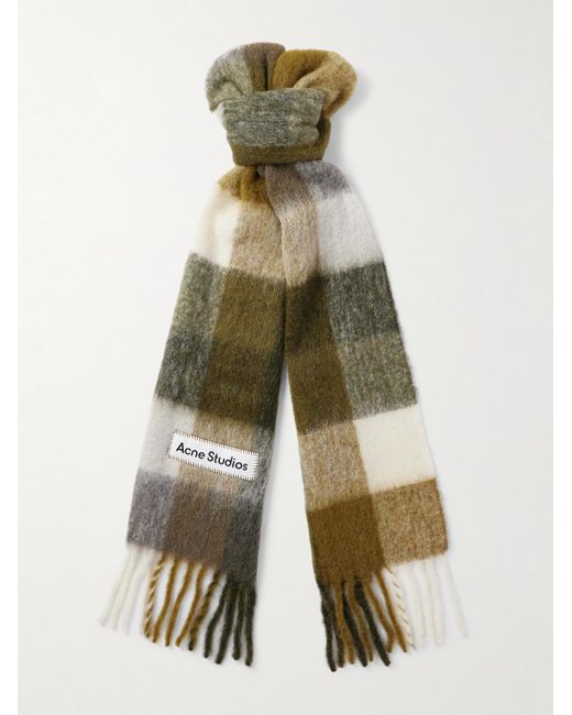 Acne Green Vally Fringed Checked Knitted Scarf for men