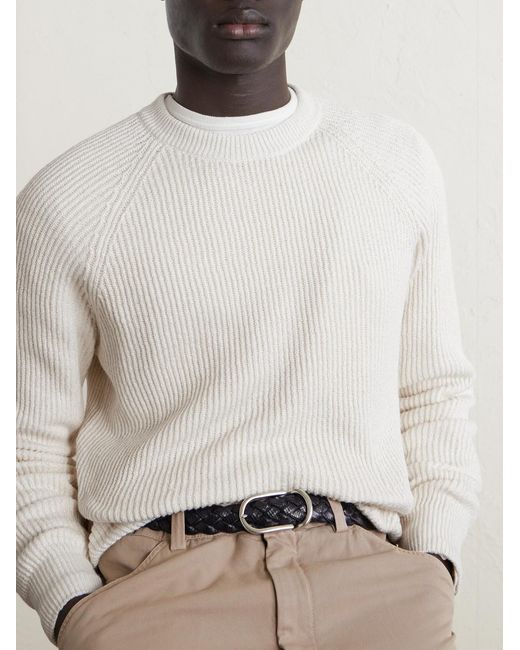 Brunello Cucinelli White Ribbed Cotton Sweater for men