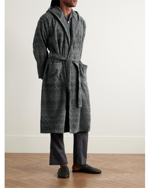 Missoni Chalk Morgenmantel aus Baumwollfrottee mit Jacquard-Streifenmuster und Kapuze in Gray für Herren