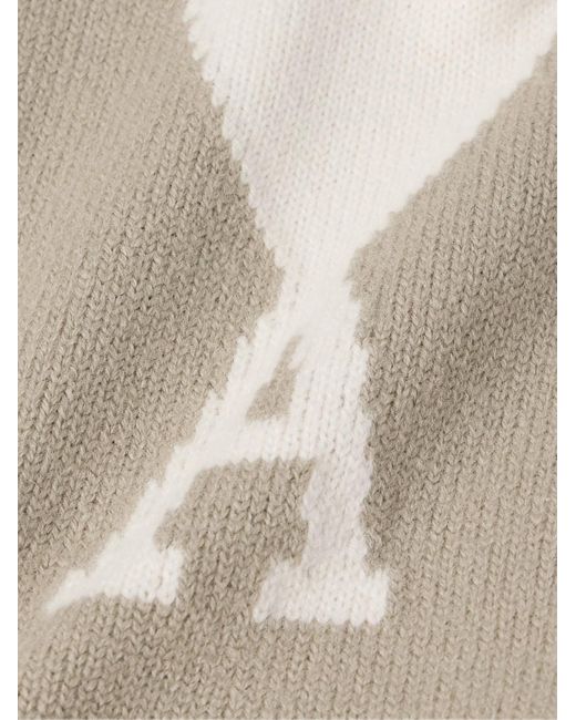 AMI Natural Logo-intarsia Virgin Wool Cardigan for men