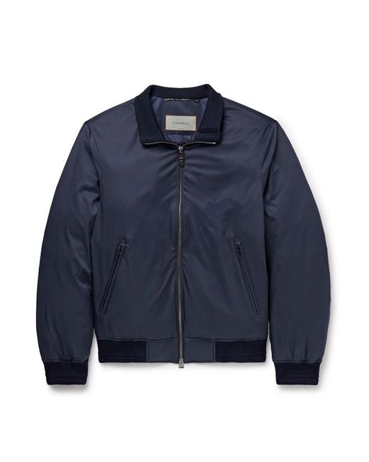 Canali Blue Leather-Trimmed Shell Down Bomber Jacket for men