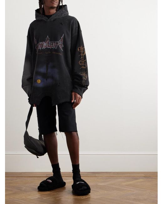 Balenciaga Black Oversized Distressed Printed Cotton-jersey Hoodie for men