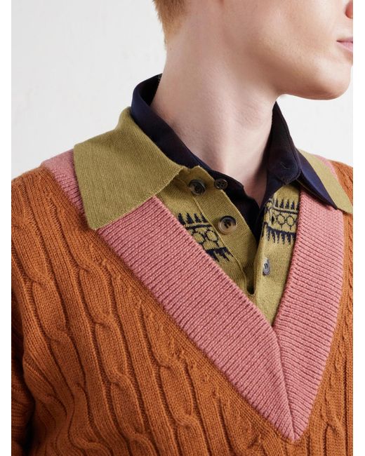 Dries Van Noten Orange Jacquard-trimmed Cable-knit Wool And Cotton-blend Sweater for men