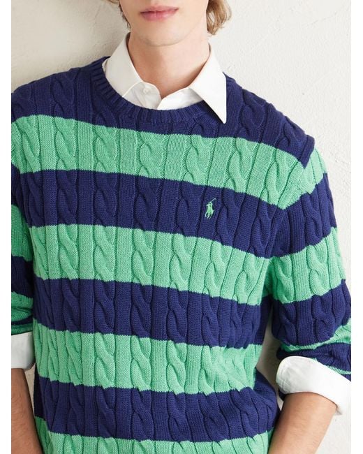 Polo Ralph Lauren Green Logo-Embroidered Striped Cable-Knit Cotton Sweater for men