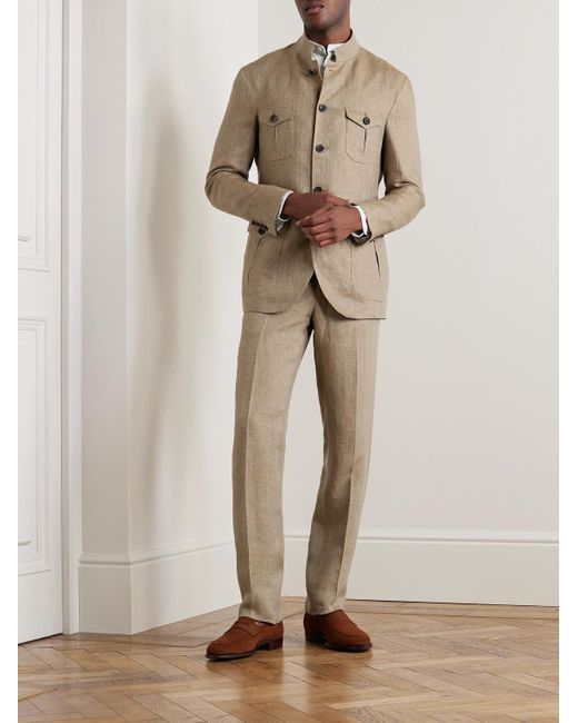 Kingsman Natural Argylle Slim-fit Straight-leg Herringbone Linen Trousers for men