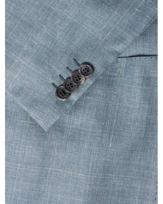 Brioni Blue Double-Breasted Silk, Cashmere And Linen-Blend Suit Jacket for men