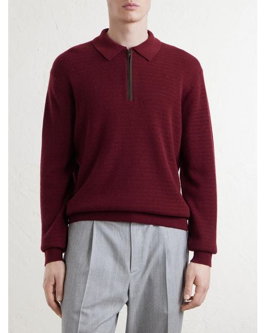 Canali Red Nubuck-Trimmed Wool And Cashmere-Blend Half-Zip Polo Sweater for men