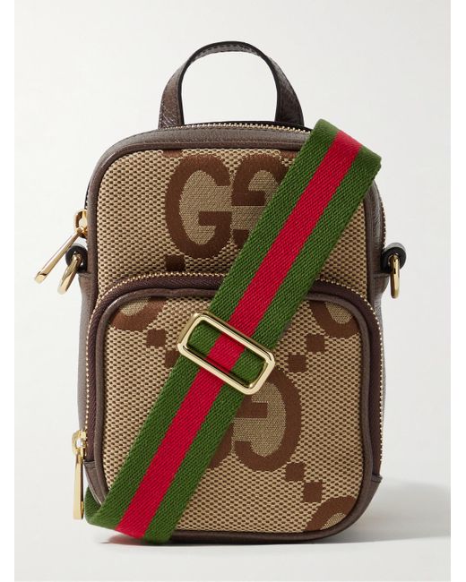 Gucci Brown Full-grain Leather-trimmed Monogrammed Canvas Messenger Bag for men