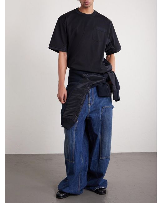 Sacai Black Appliquéd Shell-trimmed Cotton-jersey T-shirt for men