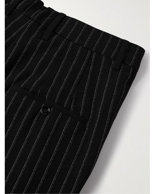 AMI Black Wide-leg Pleated Pinstriped Wool Trousers for men