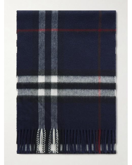 Burberry Blue Fringed Checked Cashmere Scarf for men