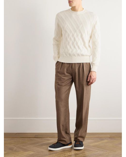 Zegna White Logo-Appliquéd Leather-Trimmed Basketweave Cotton Sweater for men