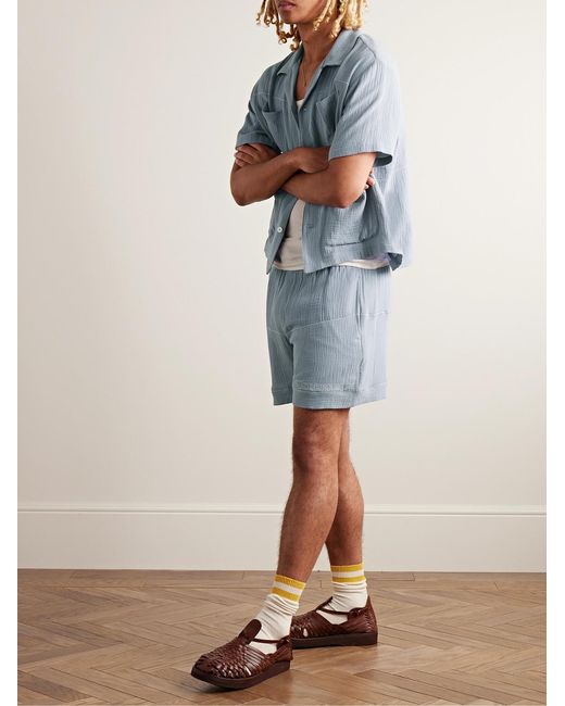 CHERRY LA Blue Vacation Straight-Leg Logo-Embroidered Cotton-Gauze Drawstring Shorts for men