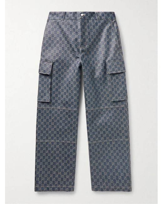 Jeans cargo a gamba dritta in denim spalmato con logo jacquard di Gucci in Blue da Uomo