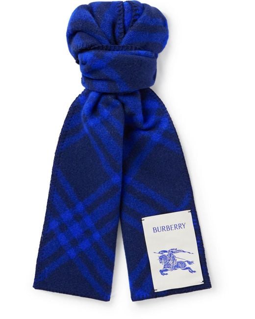 Burberry Blue Logo-appliquéd Checked Wool Scarf for men