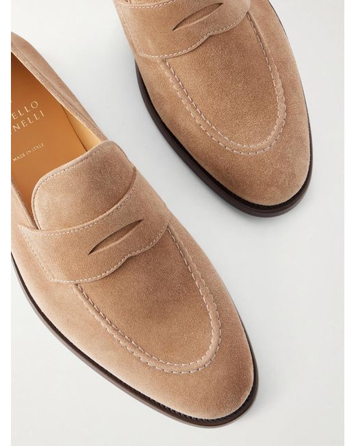 Brunello Cucinelli White Calf Suede Penny Loafers for men