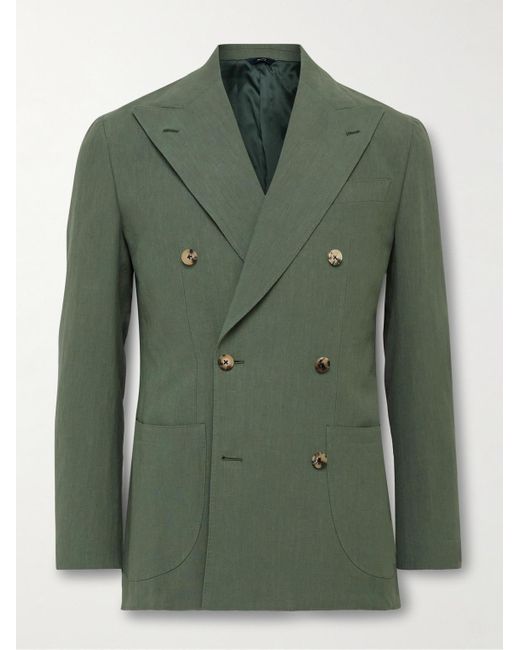 Thom Sweeney Green Unstructured Double-breasted Linen Suit Jacket for men