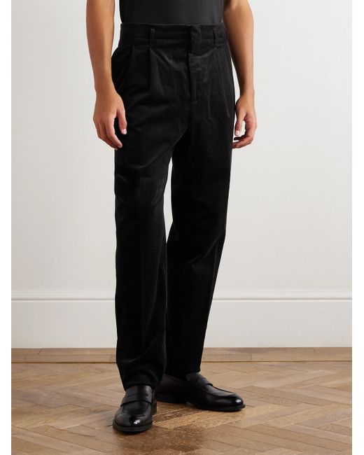 Brunello Cucinelli Black Tapered Pleated Stretch Cotton And Cashmere-Blend Corduroy Trousers for men