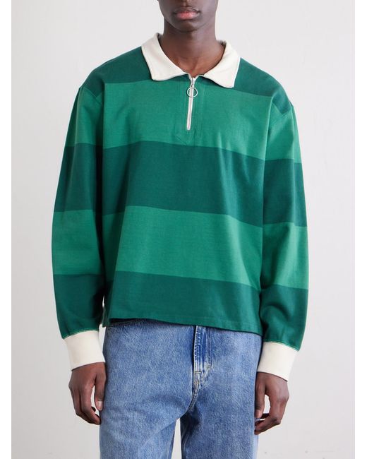 Drake's Green Striped Cotton-Jersey Half-Zip Polo Shirt for men