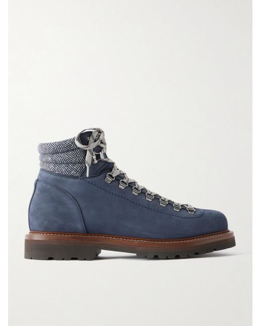 Brunello Cucinelli Blue Flannel-Trimmed Nubuck Boots for men