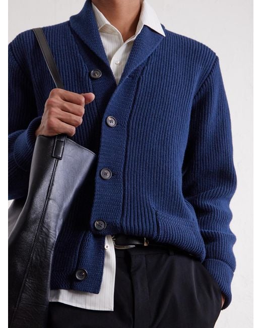 William Lockie Blue Duncan Shawl-collar Ribbed Merino Wool And Cashmere-blend Cardigan for men