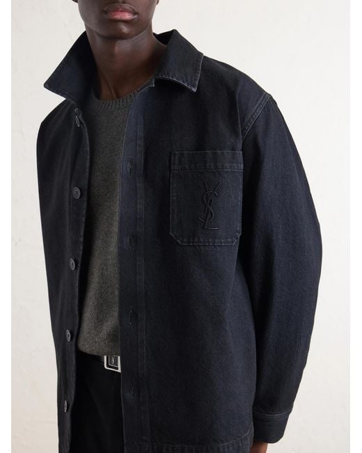 Saint Laurent Blue Logo-embroidered Cotton Overshirt for men