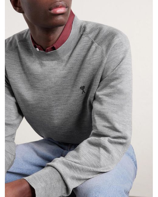AMI Gray Logo-embroidered Wool Sweater for men