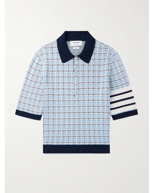 Thom Browne Blue Jacquard-Knit Silk And Cotton-Blend Polo Shirt for men