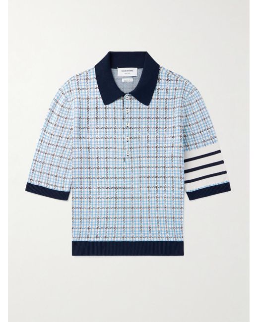 Thom Browne Blue Jacquard-knit Silk And Cotton-blend Polo Shirt for men