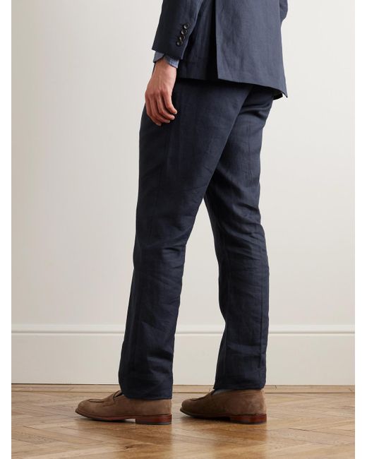 Richard James Blue Tapered Pleated Linen Suit Trousers for men