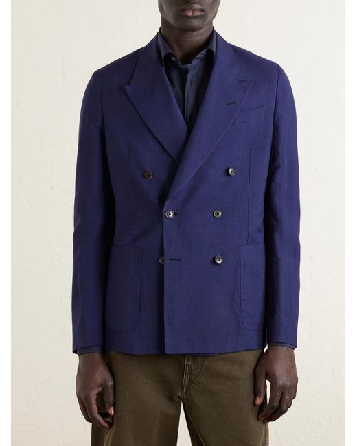 Paul Smith Blue Double-breasted Wool And Linen-blend Blazer for men