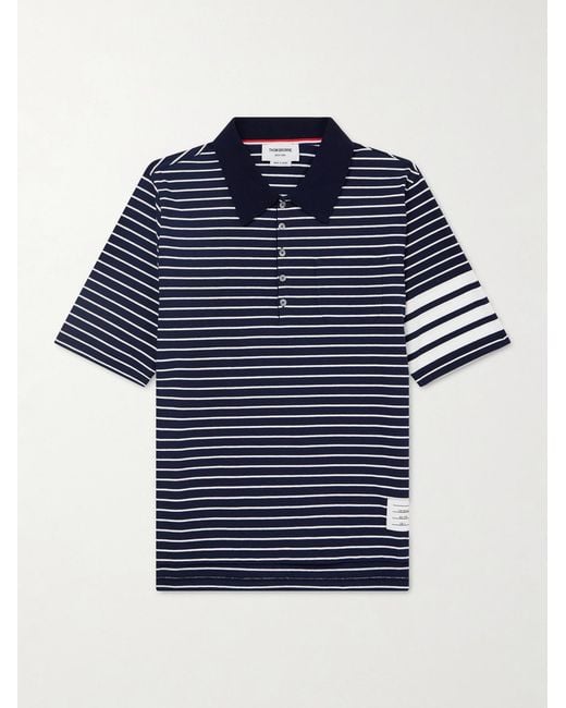 Thom Browne Blue Striped Logo-Appliqué Cotton-Blend Terry Polo Shirt for men