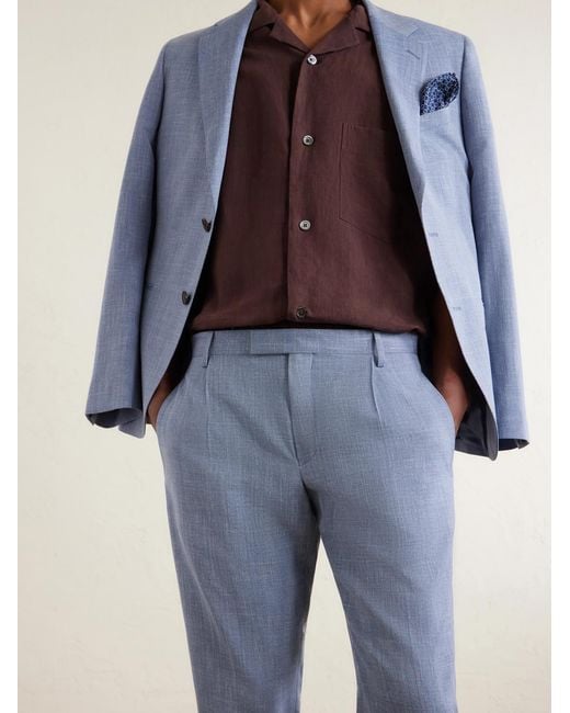 Mr P. Blue Straight-Leg Pleated Wool, Silk And Linen-Blend Suit Trousers for men