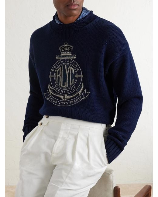 Ralph Lauren Blue Logo-Appliquéd Cotton-Blend Sweater for men